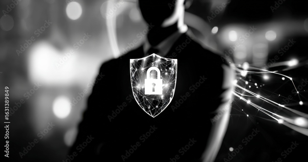 Poster cybersecurity professional displaying digital shield with padlock, guarding data and networks, empha