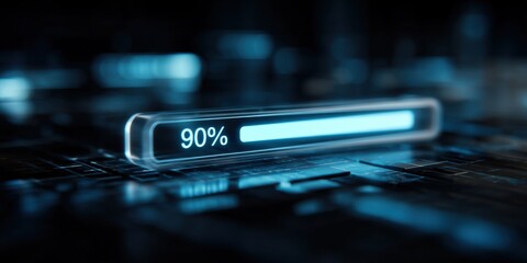 Futuristic Loading Bar at 90 Percent on Circuit Board, Indicating Progress Completion