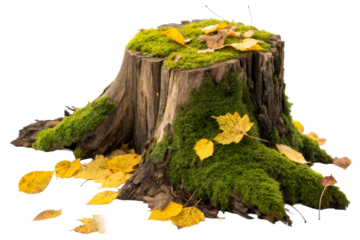 Mossy stump with autumn leaves