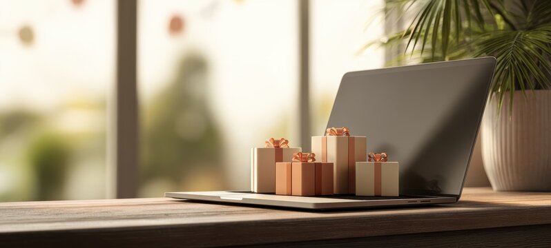 The laptop adorned with festive gifts creating a cheerful workspace ambiance.