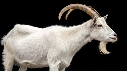 White mountain goat portrait isolated on black background wildlife animal nature horned mammal capra ibex