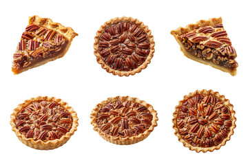 Overhead Arrangement of Several Pecan Pies and Slice on Transparent Background