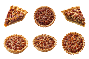 Overhead Arrangement of Several Pecan Pies and Slice on Transparent Background
