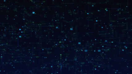 Futuristic digital background displays scattered message icons flowing through complex coding grid. Represents transmission of encrypted data, email flow, networked communication across cyberspace. - Powered by Adobe