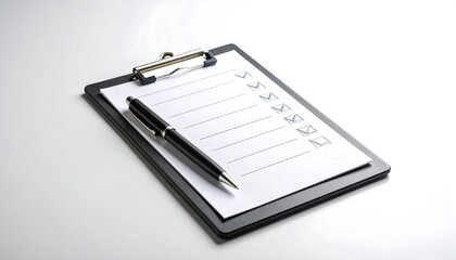 Clipboard with checklist and pen on a white surface