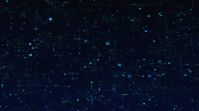 Futuristic digital background displays scattered message icons flowing through complex coding grid. Represents transmission of encrypted data, email flow, networked communication across cyberspace. - Powered by Adobe