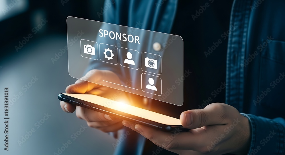 Aufkleber man s hands holding glowing smartphone displaying sponsorship interface with camera settings file an