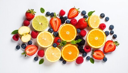 Vibrant assortment of fresh fruits including berries, citrus, and apples, arranged on a clean surface