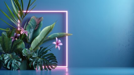 Close-up of neon purple frame partially obscured by cascading vines and blooms.