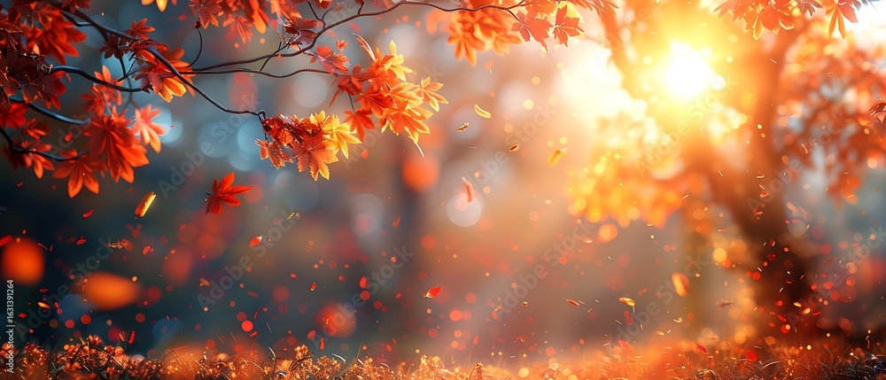 Poster autumn tree with falling leaves and warm sunlight, creating a magical bokeh effect in a serene fores