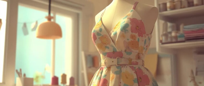 Dressmaking atelier design: Floral dress on a mannequin in a bright studio background