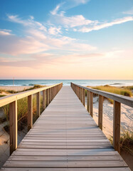 Obraz premium Sunny summer boardwalk with pastel sky, beach vibes