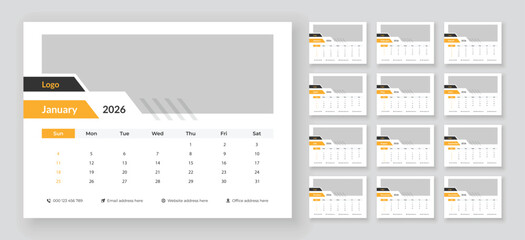 Desk calendar template 2026, New Year 2026 table calendar, Printable desk calendar 2026 design layout, Week starts on Sunday.
