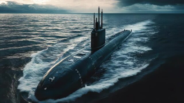 A stealth nuclear submarine sailing swiftly through the sea. Warship on a mission, possibly in wartime or training exercise.