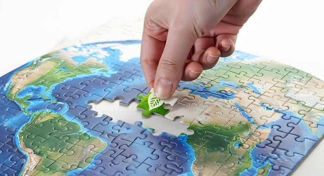 A person's hand completes a world map jigsaw puzzle with a final green piece featuring a leaf symbol, illustrating the concept of sustainability