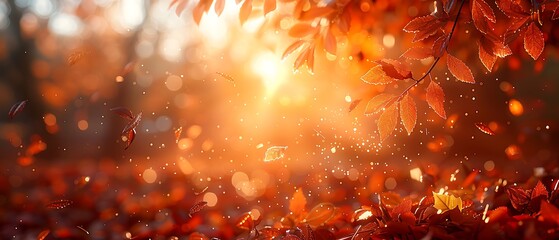 Golden autumn leaves carpet the forest floor, bathed in warm sunlight, creating a magical and vibrant natural scene.