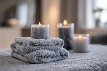 Soft gray towels and lit candles on a table