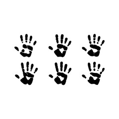 Obraz premium Set of Six Black Handprint Silhouettes Vector Icons, Resembling Ink or Paint Stamps, Ideal for Design Elements Representing Identity, Crime, or Childhood