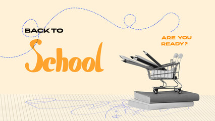 Back to school preparations with essential supplies and a shopping cart on a creative background