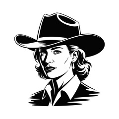 Elegant Cowgirl Portrait in Black and White Vintage Western Woman Illustration