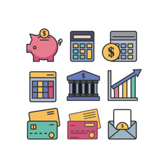Finance and Banking Flat Line Icon Set  Money, Calculator, Bank, and Investment Symbols