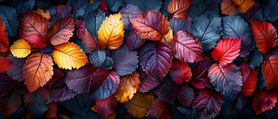A closeup view of vibrant autumn leaves in various shades of red, yellow, and purple, showcasing the beauty of the fall season.