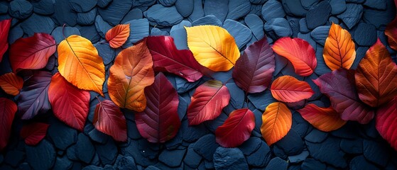 Autumn leaves in vibrant colors scattered on a dark, textured stone background, creating a beautiful natural pattern.
