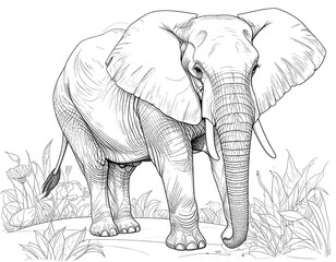 Detailed Line Drawing Adult Elephant