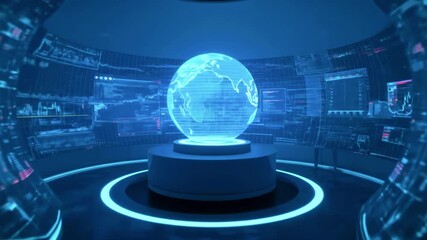 Futuristic control room featuring a glowing holographic globe with data displays and screens - Powered by Adobe