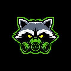 Grinning Raccoon Mascot with a Gas Mask, a Cool and Modern Vector Illustration with Bright Green Details for Gaming, Sports, or Streetwear Themes