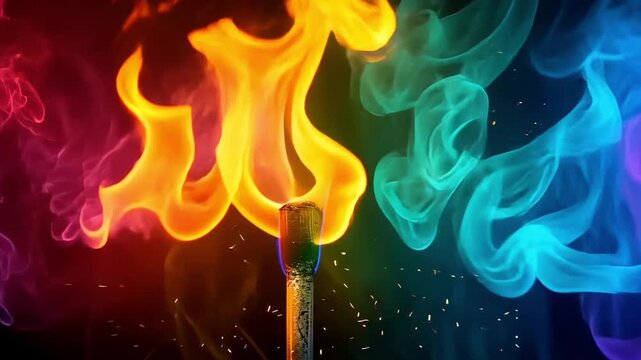 A colorful matchstick with vibrant flames and smoke.