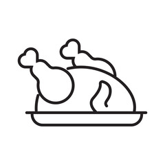 Black and white roasted turkey icon perfect for thanksgiving holiday menu design, food blogs, recipe cards, and cooking websites.