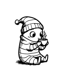Cartoon Character Drinking Hot Beverage – Line Art Illustration