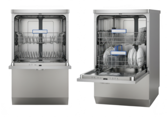 Modern stainless steel dishwasher, one with the door closed and the other with the door open showing the interior racks, isolated on transparent background
