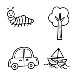 Set of Cartoon Line Icons – Caterpillar, Tree, Car, Boat