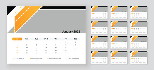 Desk Calendar Template 2026, New Year 2026 table calendar, Corporate desk calendar schedule 2026 monthly planner template, Week starts on Sunday.