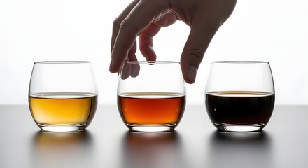 A hand selecting one glass from a tasting flight of three different amber-colored spirits on a dark table against a white background