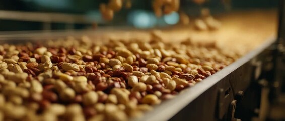 Peanuts on a conveyor belt in a food processing factory, slow motion falling - Powered by Adobe