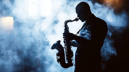Obraz premium Silhouetted Jazz Musician Playing Saxophone on Stage with Smoke and Dramatic Lighting Effects