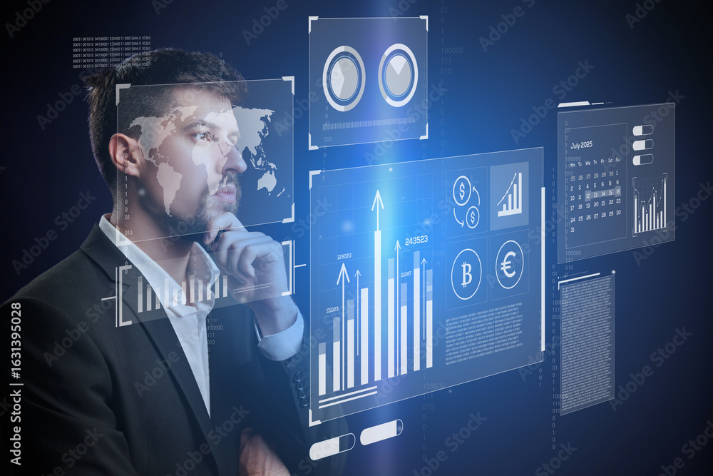 Poster business professional analyzing financial data on virtual display in a modern office setting during 