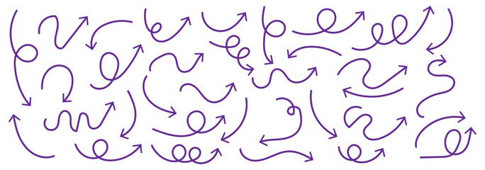 Arrows hand drawn doodle icons set. Curved cartoon arrows sketches collection. Flat and thin pointers illustrations. Scribble swirl arrow signs.