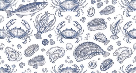 Seamless Seafood and Steak Pattern Vintage Culinary Design