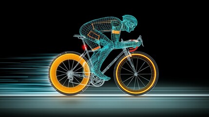 Fototapeta premium A mesh wire illustration of a cyclist in full sprint, bike and rider as continuous glowing mesh, motion blur trail behind