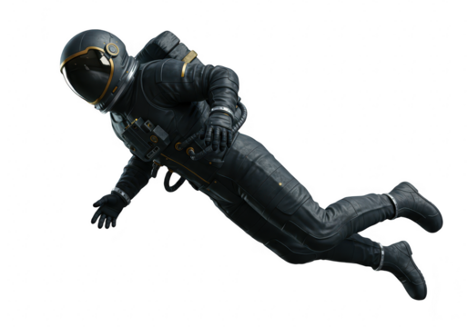 An astronaut in a black spacesuit floating in space, representing exploration and the future of humanity isolated on transparent background - Powered by Adobe