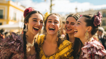 Naklejka premium Feria de San Miguel (Sevilla), group of friends dressed in feria outfits laughing and celebrating outdoors