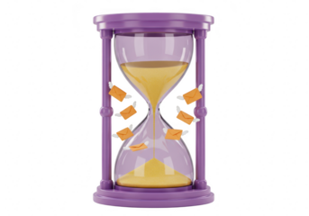 Purple hourglass with sand falling, isolated on transparent background
