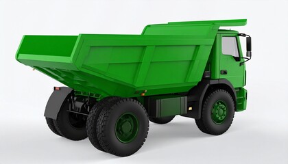 Obraz premium Green agricultural trailer with six wheels, heavy-duty and isolated on white.