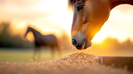 In a sunny rural farm stable, a healthy horse with a shiny coat is eating grains from a wooden trough.