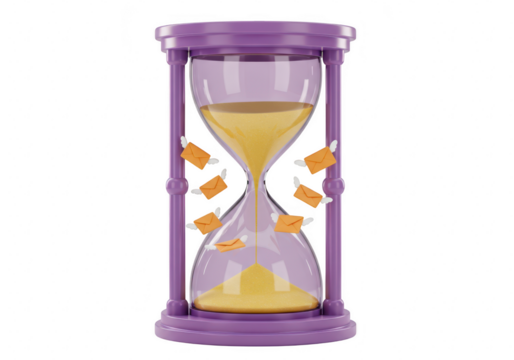 Purple hourglass with sand falling, isolated on transparent background