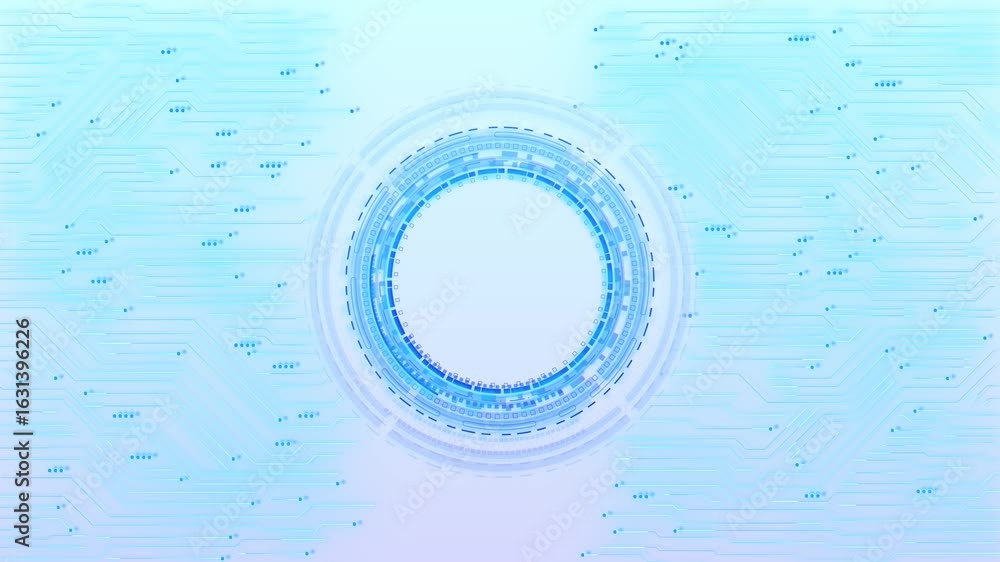 Poster high-tech display glowing light blue hud rings complex web of circuit paths, designed for futuristic